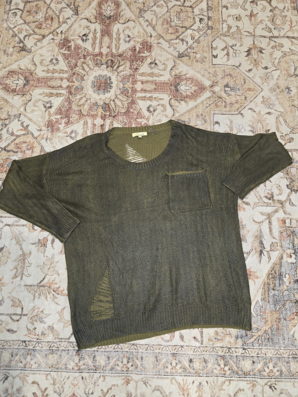 Olive Green Women's Crewneck Sweater with Patch Pocket